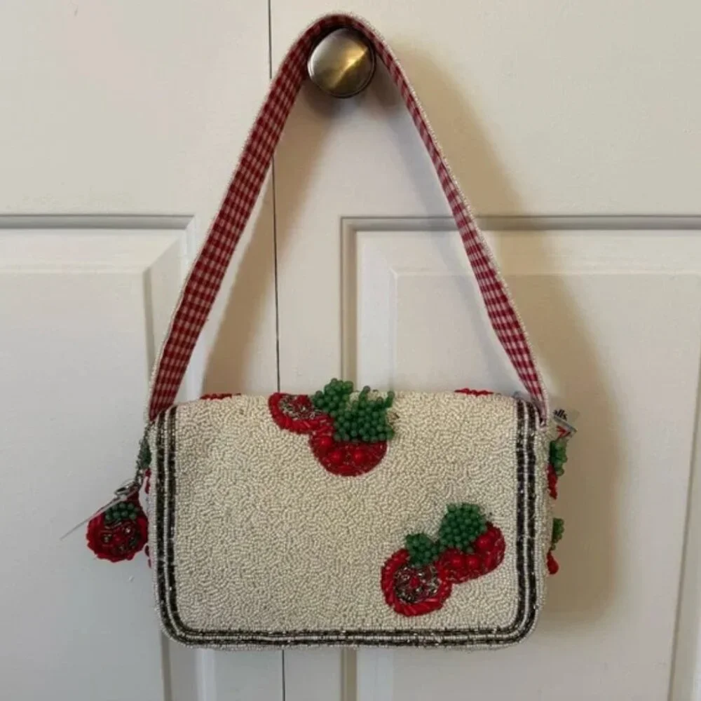 Handcrafted in India Beaded Bag Tomatoes Gingham Interior w Charm NWT